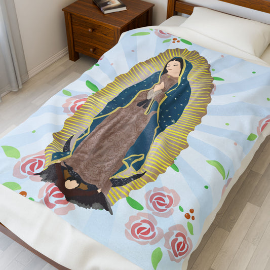 Cozy Velveteen Plush Blanket featuring Our Lady of Guadalupe, Gift for Her, Home Decor, Religious Decor, Prayer Blanket, Soft Throw